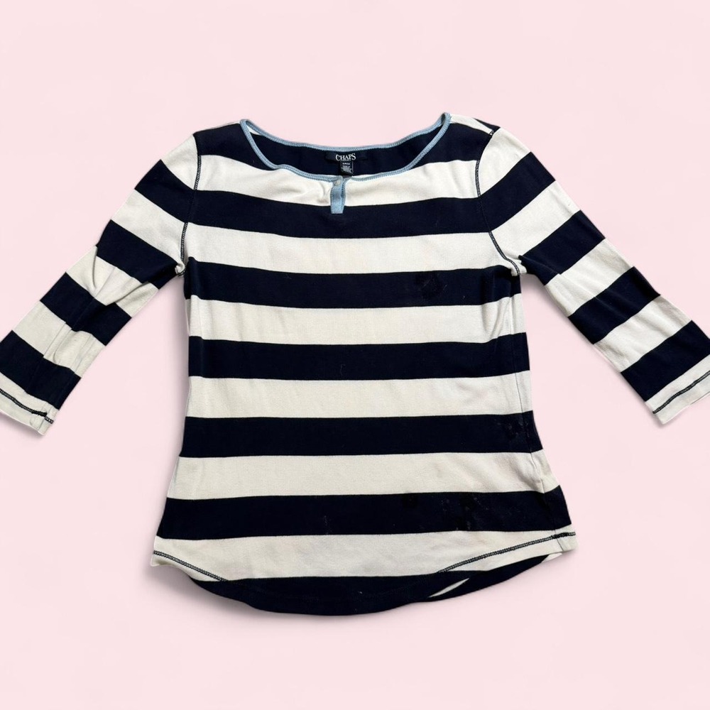 Chaps Navy Blue White Striped 3/4 Sleeve Cotton Top Small Preppy Twee